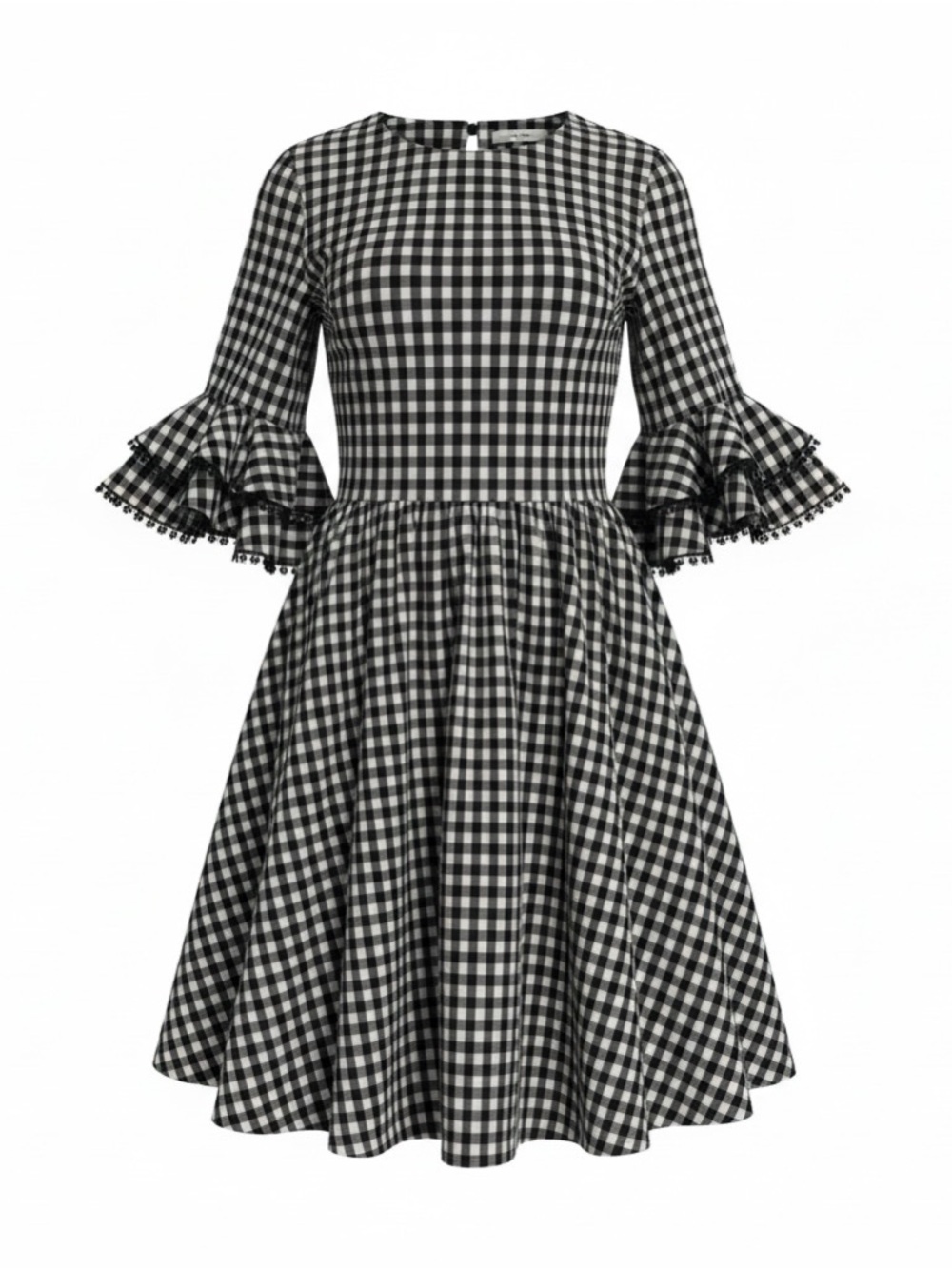 Black & White Gingham Ruffle-Sleeve Fit-and-Flare Dress